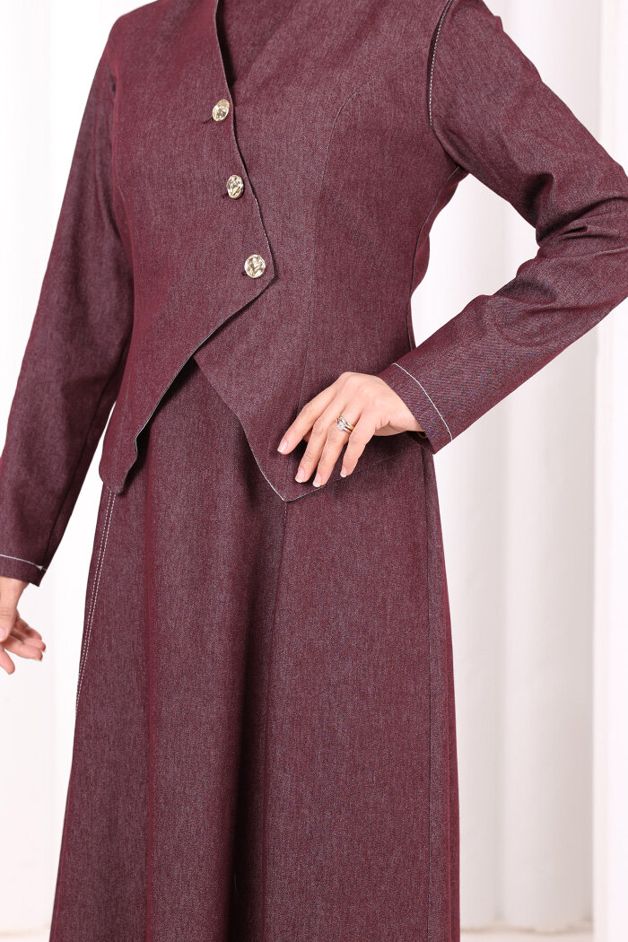 Yelekli Denim Elbise 6081 Bordo - 6