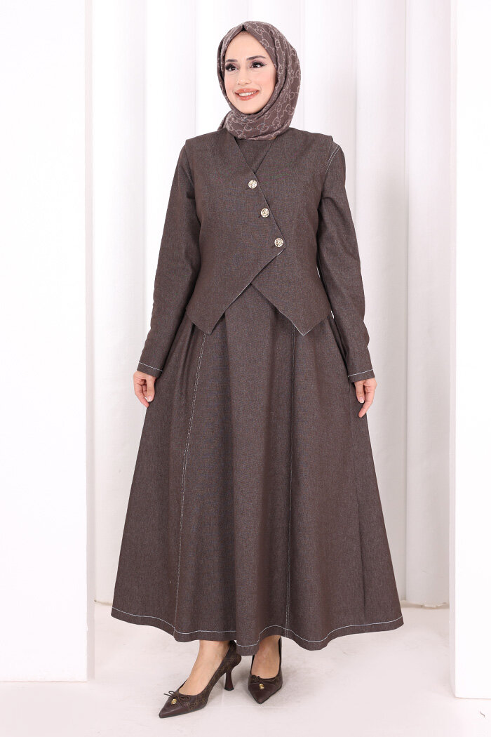 Yelekli Denim Elbise 6081 Kahverengi - 1