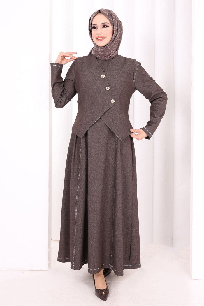 Yelekli Denim Elbise 6081 Kahverengi - 2