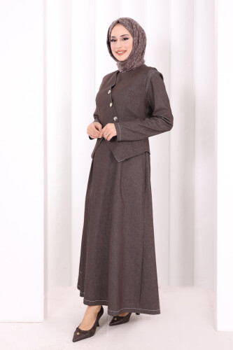 Yelekli Denim Elbise 6081 Kahverengi - 3