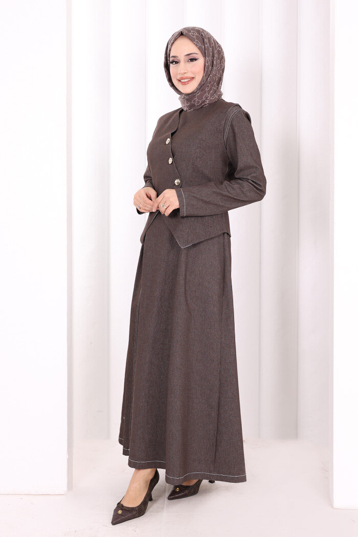 Yelekli Denim Elbise 6081 Kahverengi - 3