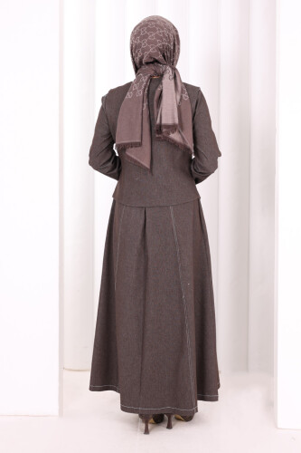 Yelekli Denim Elbise 6081 Kahverengi - 4