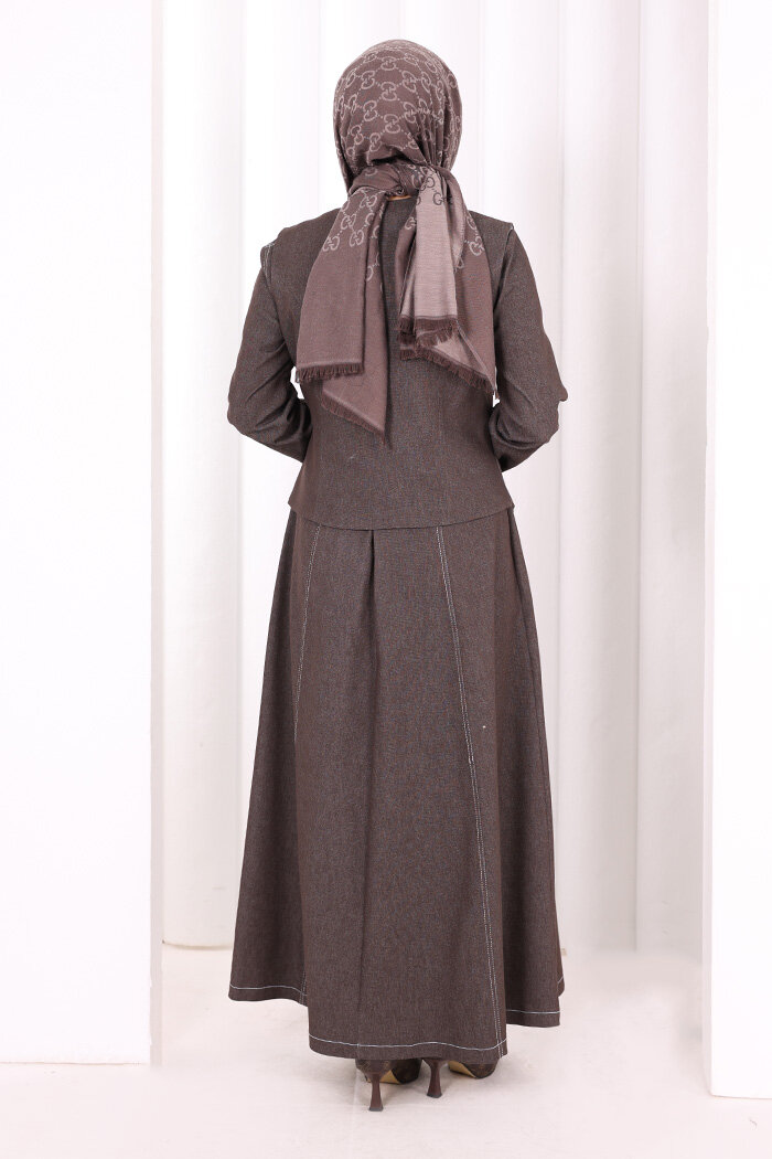 Yelekli Denim Elbise 6081 Kahverengi - 4