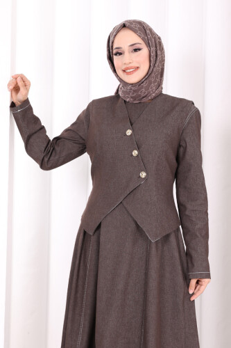 Yelekli Denim Elbise 6081 Kahverengi - 5