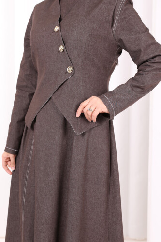 Yelekli Denim Elbise 6081 Kahverengi - 6