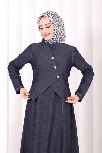 Yelekli Denim Elbise 6081 Lacivert - 5