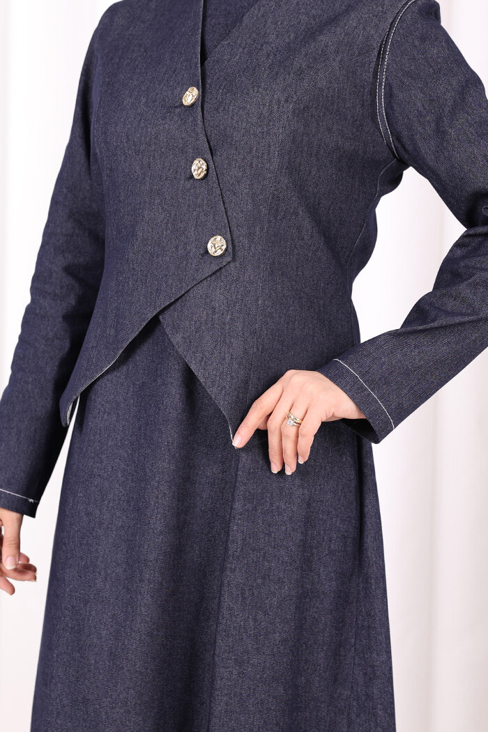 Yelekli Denim Elbise 6081 Lacivert - 6