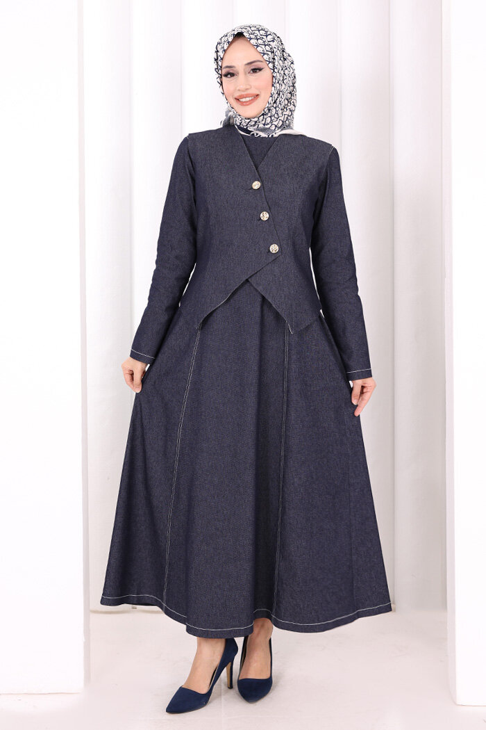 Yelekli Denim Elbise 6081 Lacivert - 1