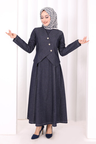 Yelekli Denim Elbise 6081 Lacivert - 2