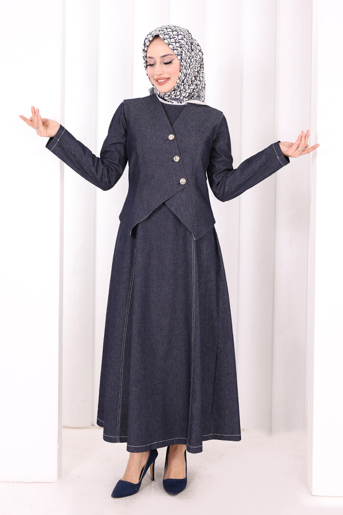 Yelekli Denim Elbise 6081 Lacivert - 2