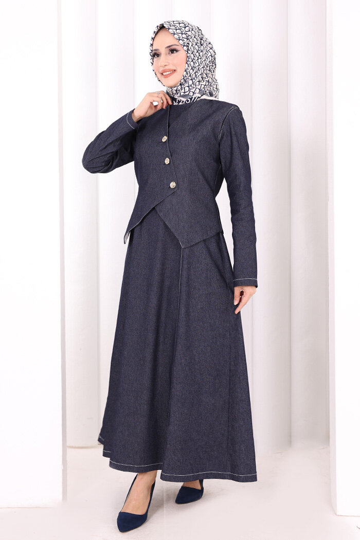 Yelekli Denim Elbise 6081 Lacivert - 3