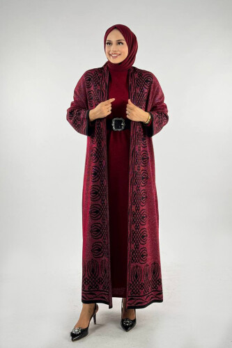 Yırtmaçlı Desenli Uzun Triko Hırka 18317 Bordo - Bym Fashion