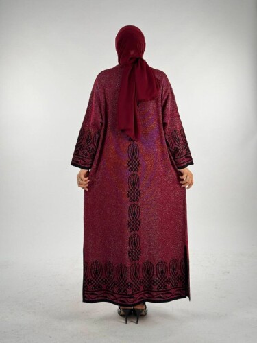 Yırtmaçlı Desenli Uzun Triko Hırka 18317 Bordo - 2
