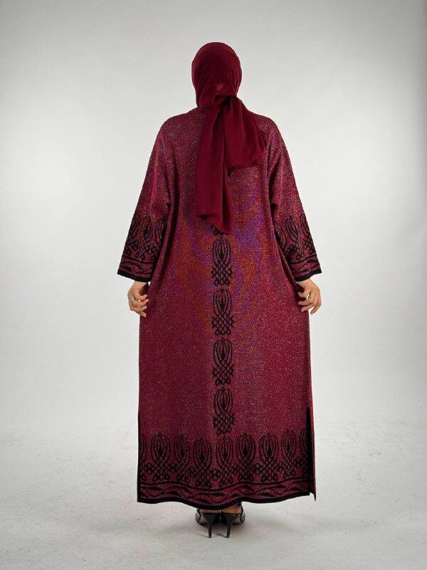 Yırtmaçlı Desenli Uzun Triko Hırka 18317 Bordo - 2