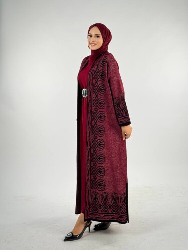 Yırtmaçlı Desenli Uzun Triko Hırka 18317 Bordo - 3