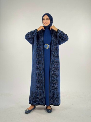 Yırtmaçlı Desenli Uzun Triko Hırka 18317 Lacivert - Bym Fashion