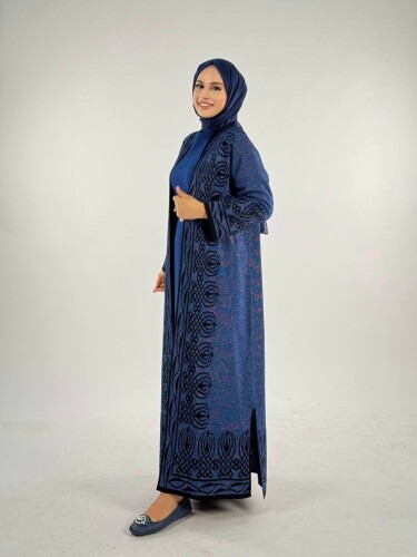 Yırtmaçlı Desenli Uzun Triko Hırka 18317 Lacivert - 3