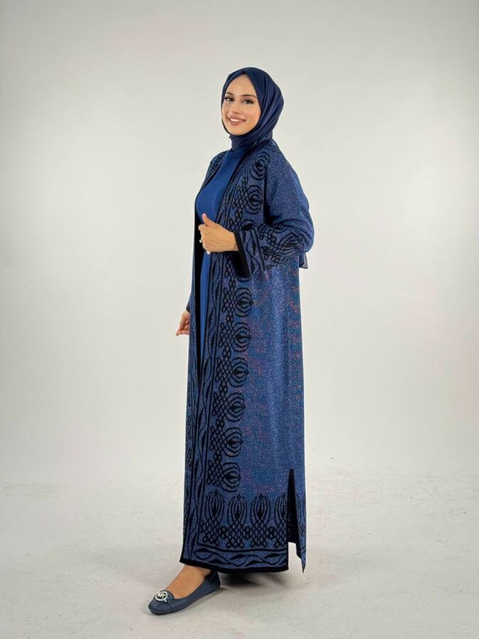 Yırtmaçlı Desenli Uzun Triko Hırka 18317 Lacivert - 3