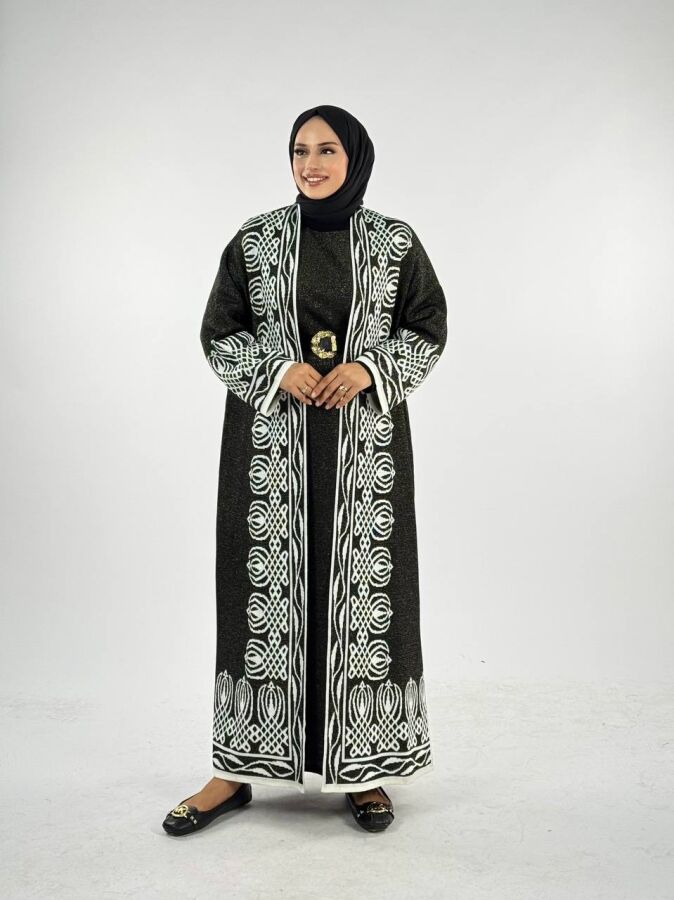 Yırtmaçlı Desenli Uzun Triko Hırka 18317 Siyah - 1