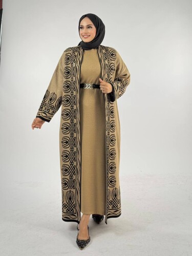 Yırtmaçlı Desenli Uzun Triko Hırka 18317 Taba - Bym Fashion