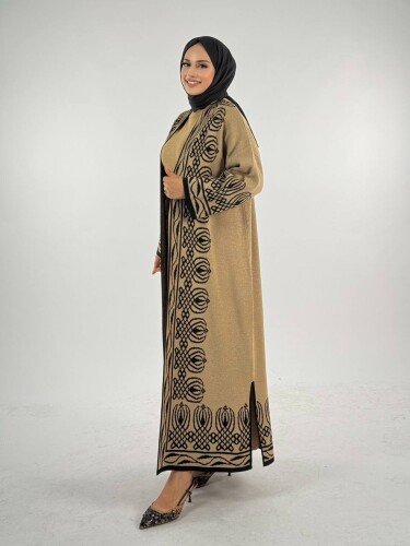 Yırtmaçlı Desenli Uzun Triko Hırka 18317 Taba - 3