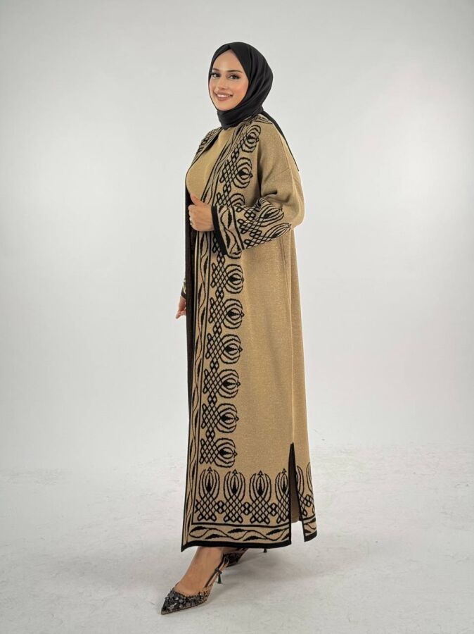 Yırtmaçlı Desenli Uzun Triko Hırka 18317 Taba - 3