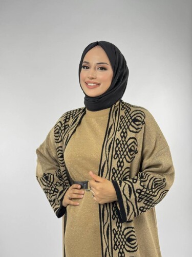 Yırtmaçlı Desenli Uzun Triko Hırka 18317 Taba - 4