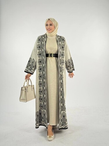 Yırtmaçlı Desenli Uzun Triko Hırka 18317 Taş - Bym Fashion