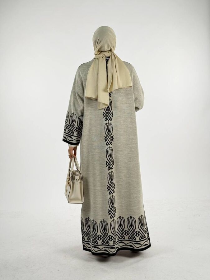 Yırtmaçlı Desenli Uzun Triko Hırka 18317 Taş - 2