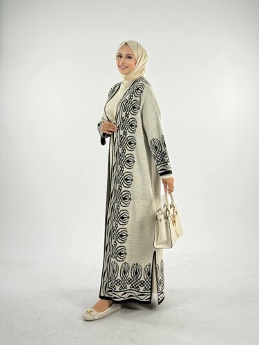 Yırtmaçlı Desenli Uzun Triko Hırka 18317 Taş - 3