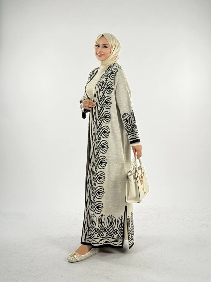 Yırtmaçlı Desenli Uzun Triko Hırka 18317 Taş - 3