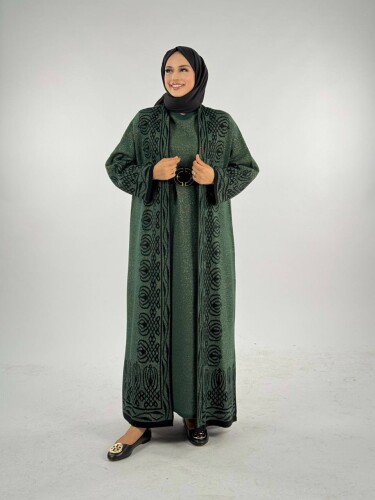 Yırtmaçlı Desenli Uzun Triko Hırka 18317 Zümrüt - Bym Fashion