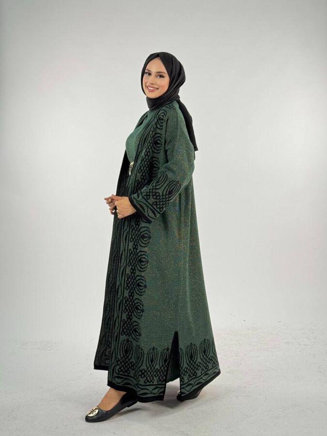 Yırtmaçlı Desenli Uzun Triko Hırka 18317 Zümrüt - 3