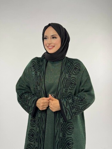 Yırtmaçlı Desenli Uzun Triko Hırka 18317 Zümrüt - 4