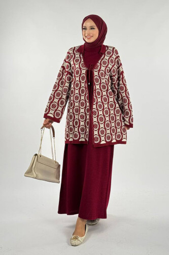 Yuvarlak Desen Triko Hırka 18324 Bordo - Bym Fashion