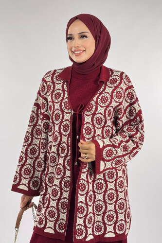 Yuvarlak Desen Triko Hırka 18324 Bordo - 4