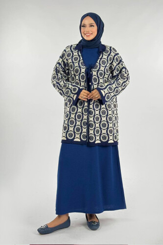 Yuvarlak Desen Triko Hırka 18324 Lacivert - Bym Fashion