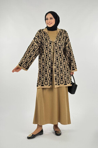 Yuvarlak Desen Triko Hırka 18324 Vizon - Bym Fashion